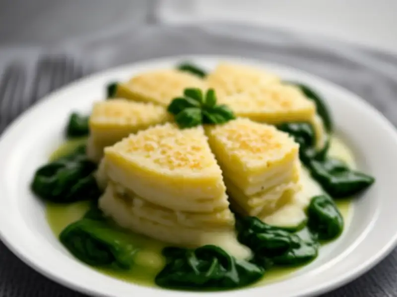 Gratinado de espárragos blancos, espinacas y parmesano