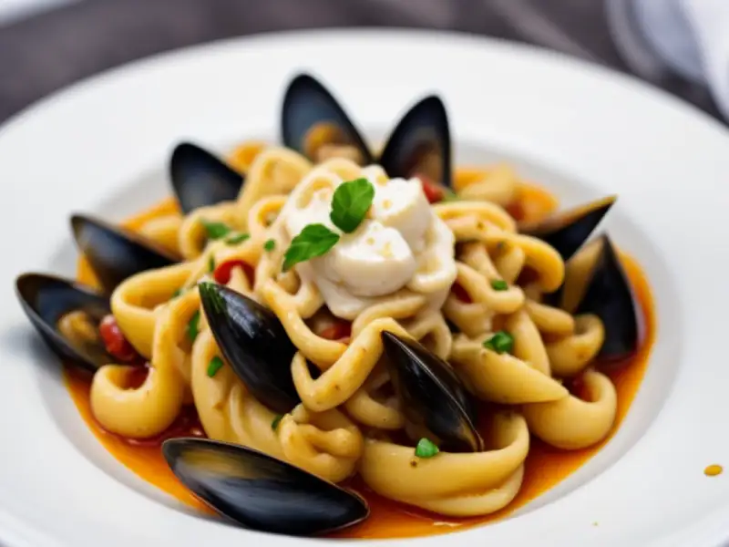 Pasta con mejillones, jitomates cherry y calamares rellenos